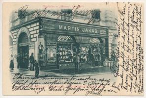 1900 Temesvár, Timisoara; Belváros, Martin Jakab üzlete, Jenő herceg tér és Takarékpénztár utca sarok / shop front (EK)