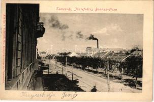 1911 Temesvár, Timisoara; Józsefváros, Bonnáz utca, vasútállomás. Polatsek-féle könyvkereskedés kiadása / Iosefin, street, railway station (EK)