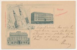 1899 (Vorläufer!) Erzsébetváros, Dumbraveni; templom, gimnázium, városi tanács. Scholtes Albert kiadása / church, high school, town hall. Art Nouveau, floral (vágott / cut)