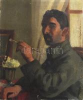 Palcsó Dezső (1887-1966): Önarckép festőecsettel. Olaj, karton, jelezve jobbra fent, apró sérüléssel, 27,5×22,5 cm. Palcsó Dezső a tanulmányait a budapesti Képzőművészeti Főiskolán folytatta. Mestere Ferenczy Károly volt. A nagybányai művésztelep növendéke volt 1913-ban, 1914-ben, 1918-ban