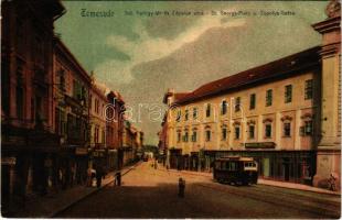 1912 Temesvár, Timisoara; Szent György tér és Zápolya utca, villamos, Maison Lechner, Müller Péter üzlete, szálloda / square, street, tram, palace, shops, hotel (EK)
