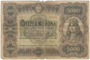 1920. 5000K "Orell Füssli Zürich" nyomdahely jelöléssel, piros "5 B01 095866" sorszámmal T:VG beszakadások, lyuk Hungary 1920. 5000 Korona with "Orell Füssli Zürich" printer's mark, with red "5 B01 095866" serial number C:VG tears, hole Adamo K38