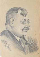 Olvashatatlan jelzéssel: Elegáns úr portréja, 1939. Ceruza, papír. Kissé foltos. Gyűrődésekkel, lapszéli apró szakadásokkal. 25×17 cm.