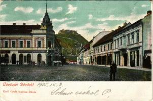 1905 Déva, utcakép, Hirsch Testvérek, Farkas üzlete, vár. Kiadja Kroll Gyula / street view, shop, castle + " BUDAPEST - VÖRÖSTORONY 255. SZ." vasúti mozgóposta bélyegző (EK)