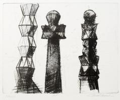 Olvashatatlan jelzéssel: Kopjafák (olvashatatlan címmel). Hidegtű, papír. Művészpéldány AP jelzéssel. 22×27,5 cm.