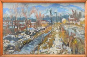 Uhrig Zsigmond (1919-1993): Vízparti táj. Olaj, karton, jelzett, üvegezett fakeretben, hátoldalán ázásnyommal, 45×69 cm