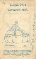 1917 Walachisches Jammerbänkel, König Ferdinand. Feldpostkorrespondenzkarte / egyedi, kézzel rajzolt első világháborús osztrák-magyar tábori postai levelezőlap, karikatúra, Ferdinánd király / hand-drawn WWI Austro-Hungarian K.u.k. military field postcard, caricature, King Ferdinand + "Tábori postahivatal 647"