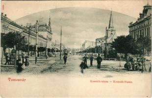 Temesvár, Timisoara; Kossuth utca, takarékpénztár, elemi fiúiskola, villamos / street view, savings bank, boys' school, tram (EK)