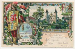 1902 Nagyvárad, Oradea; Bihar vármegye címere, templom. Athenaeum R.T. kőnyomdája / coat of arms, church. Art Nouveau, floral, litho + "BRASSÓ - BUDAPEST 15. SZ." vasúti mozgóposta bélyegző (gyűrődés / crease)