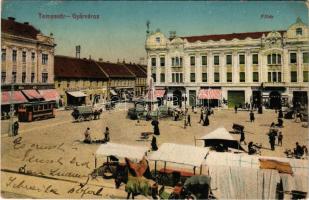 1913 Temesvár, Timisoara; Gyárváros, Fő tér, Marokkaner szálloda, Farchy, Goldmann, Schild Károly, Jermovits üzlete, piac / main square, hotel, shops, market (ázott / wet damage)