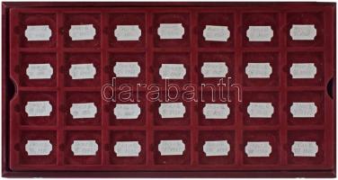 "1000 Jahre Russland" feliratú, bársony borítású érmetartó kazetta, egy beépített és két kivehető tálcával, összesen 84 férőhellyel. Használt, de jó állapotban (229x408x48mm)