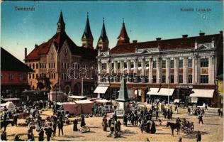 1915 Temesvár, Timisoara; Kossuth Lajos tér, piac, villamos, Weisz Sándor, Wilheim Fülöp, Goldmann G., Haring Gusztáv, Gaszner Ferenc üzlete, Dél-magyarországi Jelzálog Hitelbank. Vasúti levelezőlapárusítás 63. sz. 1915. / square, market, tram, shops, loan bank (EB)