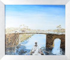 Losonci Lilla (1930 -): Arab hajós, háttérben vonuló tevékkel (Egyiptom?). Olaj, farost, jelzett. Dekoratív fakeretben. 50x60 cm