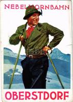 Oberstdorf, Nebelhornbahn, Zum Wintersport aufs Nebelhorn! / német alpesi turizmus propaganda, síelő / German tourism propaganda, skier, skiing sport (szakadások / tears)
