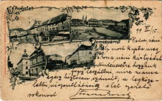 1899 (Vorläufer) Temesvár, Timisoara; Jenő herceg tér, Losonczy tér, piac, Hungária szálloda, Belváros, Balázs tér. Kossak József udvari fényképész felvétele és kiadása, szecessziós-virágos keret / square, market, hotel, downtown. Art Nouveau, floral frame (kopott sarkak / worn corners)