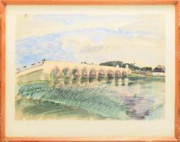 Patay László (1931- 2002): Hortobágy, kilenclyukú híd, 1972. Akvarell, papír, jelzett, üvegezett fakeretben, 30×43,5 cm