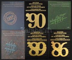 6 db Magyar Bélyegkincstár és Új Magyar Bélyegkincstár 1986, 1989, 1990, 1997-1999, döntően a feketenyomatok, specialitások hiányoznak