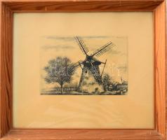 Nechánszky József (1936-): Szélmalom. Rézkarc, papír, jelzett, hátoldalán Losonci Miklós művészettörténész autográf ajándékozási soraival, üvegezett fakeretben, 19×24 cm