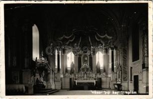 1941 Csíksomlyó, Sumuleu Ciuc; Kegytemplom, oltár, belső / pilgrimage church, altair, interior + "SEPSISZENTGYÖRGY - MAROSVÁSÁRHELY 350." sz. vasúti mozgóposta bélyegző (lyukak / pinholes)