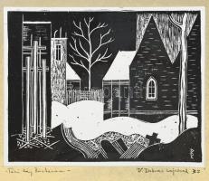 Zoltán Sándor (eredeti neve: Balássy Zoltán; 1943-2015): Téli táj Ráckevén. Rézkarc, papír, jelzett, hátoldalán autográf ajándékozási soraival, üvegezett fakeretben, 11×14,5 cm