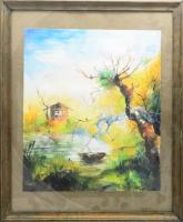 Olvashatatlan jelzéssel: Vízparti táj. Vegyes technika, papír, jelzett, hátoldalán autográf ajándékozási soraival, üvegezett fakeretben, 38×32,5 cm