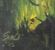 Olvashatatlan jelzéssel: Vízparti táj. Vegyes technika, papír, jelzett, hátoldalán autográf ajándéko...