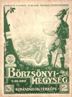 [Térkép] A Börzsönyi hegység. Mérték: 1:50,000. (1927). Budapest, 1927. Magyar Királyi Állami Térképészeti Intézet. Színes térkép, mérete: 675x500 mm egy 750x565 mm méretű térképlapon. Színes turistatérképünk a téli hóviszonyok miatt régóta kedvelt, és a trianoni döntés miatt turistaszempontból igencsak felértékelődő, népszerű túra helyet, a Börzsöny egészét ábrázolja: a Duna-kanyartól az Ipolyig, Nógrádverőcétől Drégelypalánkig húzódó hegységet, településeit, megközelítéséhez szükséges vasútjait, körülötte ívelő autóútjait, és legfőképpen kialakult, jelzett turistaútjait. Jóllehet a Börzsöny központi erdőségeinek többsége magántulajdonban állt (váci püspökség, esztergomi érsekség, illetve svájci magántulajdon), a terület jól jelzett turistaútjai arra utalnak, hogy a magántulajdonú erdő- és vadgazdaságok nem zárkóztak el a természetjáróktól, az átjárást engedélyezték. A terület két fő csúcsára, a Csóványosra és a Nagy-Hideg-hegyre a legfontosabb kiindulópontokból: Kemencéről, Nagybörzsönyről, Kóspallagról, Királyrétről egyaránt kijelölt turistaútvonalak vezettek fel, a ma kedvelt turistautak közül csupán a Királyháza-Csóványos és a Diósjenő-Csóványos útvonal hiányzik. A dél-börzsönyi térség Szent Mihály-hegye és Hegyes-tető nevű csúcsa még érintetlen vidéknek számított, turistaútvonalak egyáltalán nem érintették a Zebegény és Nagymaros közti rengeteget és sziklacsúcsokat. A Dél-Börzsöny turistáskodása csak az 1930-as évek végén lendült fel, amikor is az Encián Turista Egyesület megépítette a ma is látogatható Julianus-kilátót a Hegyes-tetőn (1938-1939), ugyanebben az évben indult a nagy-hideg-hegyi turistaház építése; térképünk még egyiket sem jelzi. Jóllehet jelöli a hegységet átszelő kisvasutak mindegyikét, a Királyrétre, a Kis-irtásra és a Kemencére vezetőt, ezek a vasutak még évtizedekig gazdasági és nem turisztikai célokat szolgáltak. Térképünk jobb felső sarkán apró hiány, szélein apró, halvány foltosság, a hajtások mentén apró szakadásnyomok. (Kirándulók térképe, 3. szám.) Jó állapotú térkép, hajtogatva.