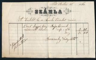 1864 Borovszky Samu pesti könyvkötő számlája kitöltve, hajtva, jó állapotban. Sk aláírva.