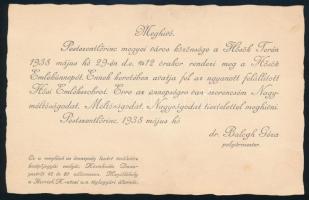 1938 Pestszentlőrinc Hősi emlékmű avatására szóló meghívó