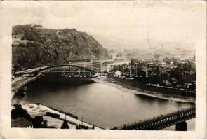 1943 Ústí nad Labem, Aussig an der Elbe; general view, Edvard Benes bridge, railway bridge, train (fl)