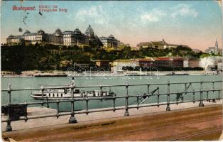 1918 Budapest I. Királyi vár, ingahajó Hunyadi János keserűvíz reklámmal, gőzhajó (r)