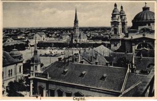 Cegléd, látkép, Czeglédi Takarékpénztár, templomok + "Herbich Lázár Szeged Szentháromság u. 53. 1930. XII." (vágott / cut)