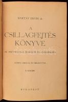 Baktay Ervin: A csillagfejtés könyve. Az asztrológia elmélete és gyakorlata. Számos ábrával és táblázattal. 2., kiadás. Bp.,[1944?],Szerzői,(Bányai és Várkonyi-ny.), 351 p. Részlet a könyv előszavából: ,,Ennek a könyvnek az a célja, hogy az érdeklődőt megismertesse az asztrológiával, rendszeresen végig vezesse a szükséges alapismereteken, majd az ezeken alapuló technikai eljárásokon, végül pedig az asztrológiai értelmezés szempontjain és a horoszkóp kifejtésének elvein. Az egymásra következő ismereteket lépcsőzetesen, fokról-fokra, az egyszerűbbtől az összetettebb dolgok felé haladva közöljük, hogy az összefüggések áttekinthetőbbek legyenek. Ezért ismétlések fordulnak elő, pl. a planétákat is többször tárgyalja a könyv; az alapismeretekről szóló részben csupán csillagászati szempontból, a horoszkóp kiszámítását ismertető részben mozgásaik és helyzetük matematikai szempontjából, a jelentés-tartalmakról szóló részben asztrológiai természetüket és hatásaikat ismertetve, a kifejtés elveit összefoglaló részben pedig már az összes többi asztrológiai vonatkozással egybehangolva. Ugyanígy jártunk el a többi asztrológiai alapelemmel, az állatövi jegyekkel, a horoszkópházakkal, a fényszögekkel stb. is. Ezzel, reméljük, sikerült elérni, hogy amint az olvasó előrehalad a könyvben, az újonnan felmerülő kérdések és szempontok szervesen kapcsolódnak az előző, már megismert vonatkozásokkal, s így az egész kevésbé bonyolultnak, világosabbnak tetszik.'' Kiadói aranyozott gerincű egészvászon-kötés, kopott borítóval, a gerincen kis sérüléssel.