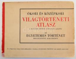 Ókori és középkori világatlasz a Magyar Szemle Társaság ajándéka az Egyetemes Történet megjelenése alkalmából. Bp.,[1935.],Magyar Szemle Társaság,(Révai-ny.),12 p. Kiadói haránt-alakú papírkötés, kopott, foltos, kissé szakadt borítóval.
