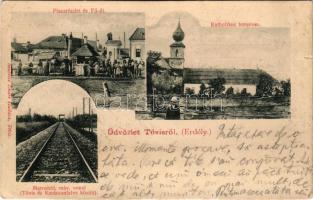 1902 Tövis, Teius; Piac, Fő út, Katolikus templom, Maros híd, MÁV vasúti vonal Tövis és Karácsonfalva (Homoródkarácsonyfalva) között, dohány és bélyeg üzlet. Szabolcs Endre kiadása / market, main street, church, Mures river bridge, railway line between Teius and Craciunel, tobacco and stamp shop + "VÖRÖSTORONY - BUDAPEST 255. D SZ." vasúti mozgóposta bélyegző (szakadás / tear)