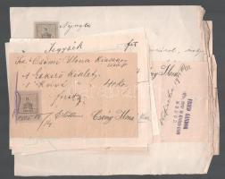 1905 9 db régi számla, szecessziós, judaika témájú is . Fried, Friedmann, Kosch cégek, elegáns és jómódú Csény Ilona esküvő előtti bevásárlásának számlái, étkező készlet, Ortner Rezső, ruhanemű - Kosch és Knapp, Cipő . Adler Miklós, Kalap . Mile Caroline, esernyő Láng Ágoston, ágynemű Fired Sádnor, fehérnemű varrás, ágynemű toll Kövér Jánosné, Monor, arany lánc és kereszt- Friedmann Izidor, 8 db számlán okmánybélyeg