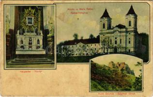1909 Máriaradna, Mária-Radna, Radna (Lippa, Lipova); Solymosi várrom, templom, főoltár, belső. Rauch Sándor kiadása / Ruine Solymos, Kirche, Hauptaltar / Soimos castle ruins, pilgrimage church, altair, interior + "GYULAFEHÉRVÁR - BUDAPEST 6. C" vasúti mozgóposta bélyegző (fl)