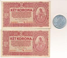 1920. 2K (2x) csillagos sorszámmal + 1943. 5P Al "Horthy Miklós születésének 75. évfordulójára" kapszulában T: bankjegyek: F, egyiken tépődések (ragasztónyom) a hátlapon, érme: VF Adamo K7, P8.3