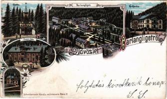 1899 (Vorläufer!) Barlangliget, Höhlenhain, Tatranská Kotlina (Tátra, Magas Tátra, Vysoké Tatry); Kápolna, Barlangliget, Konkordia, Szepes-Béla, Tündérlak nyaraló. Schwidernoch Károly műintézete / chapel, hotel, villas. Art Nouveau, floral, litho (vágott / cut)