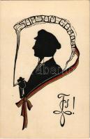 Segesvár, Schässburg, Sighisoara; Sursum corda. Schässburger Chlamydatencoetus / segesvári studentika művészlap / Transylvanian Studentica art postcard s: J. Fabini