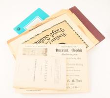 1894-1940 Nagy csomag papírrégiség tétel: reklámok, közöttük szecessziósak, stzámlák, minikönyv, oklevél, iratok, üdvözlőkártyák, röplapok, stb.