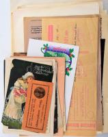 ca 1920-1940 Papírrégiség tétel: reklámok, közöttük szecessziósak, szorgalomjegy, képeslpok, üdvözlőkártyák, litho, állami nyereménykölcsön, vagyonátruházási illeték, stb.