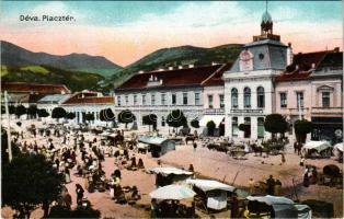 Déva, Piactér, Városháza, Lobstein Vilmos, Komáromy Kálmán üzlete, piaci árusok. Hirsch Adolf kiadása / market square, town hall, shops (EK)