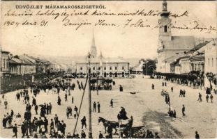 1904 Máramarossziget, Sighetu Marmatiei; Fő tér, templom, lovas körmenet. Berger Miksa kiadása / main square, church, procession (fl)
