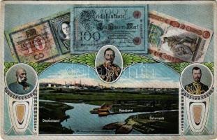 Myslowice, Myslowitz (Ober-Schlesien); Dreikaiserreichsecke bei Myslowitz. Dreikaiserkarte Nr. 47. Verlag M. Rölles Nachf. Otto Berger / Three Emperors' Corner, borders of the Russian Empire (Tsar Nicholas), Austria-Hungary (Franz Joseph I of Austria) and the German Empire (Wilhelm II), stamps. Art Nouveau (Rb)