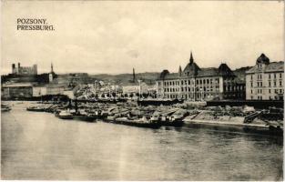 1913 Pozsony, Pressburg, Bratislava; látkép, dunaparti kikötő, vár. Kaufmann kiadása / general view with Danube port and castle