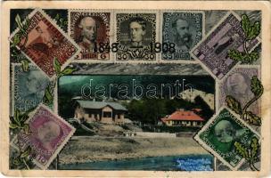 1915 Vyzhnytsia, Wiznitz (Bukovina, Bucovina, Bukowina); view, Franz Joseph of Austria 1848-1908 Jubilee, stamps. Moses Pistener + "K.u.k. Feldpostamt 63" + "K.u.k. schwere Haubitzimunitionskolonne 2,13" (r)