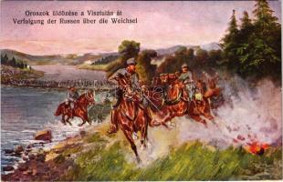 Oroszok üldözése a Visztulán át / Verfolgung der Russen über die Weichsel / WWI Austro-Hungarian K.u.K. military art postcard, chasing the Russians across the Vistula