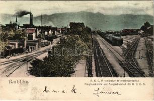 1906 Ruttka, Vrútky; K.O.V. (Kassa-Oderbergi Vasút, KsOD) főműhely és rendező pályaudvar, vasútállomás, vonat. Schulz Ármin kiadása / railway station, rail yard and main workshop of the Kosice-Bohumín Railway line (fl)
