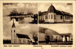 1938 Dunacsún, Dunacsúny, Csún, Cunovo (Rajka mellett, Pozsony, Bratislava); Duna részlet, Iskola, Római katolikus templom, Bankovits Lukácsné üzlete és saját kiadása / Danube riverside, school, Catholic church, publisher's shop + "1938 Komárom visszatért" So. Stpl. (fl)